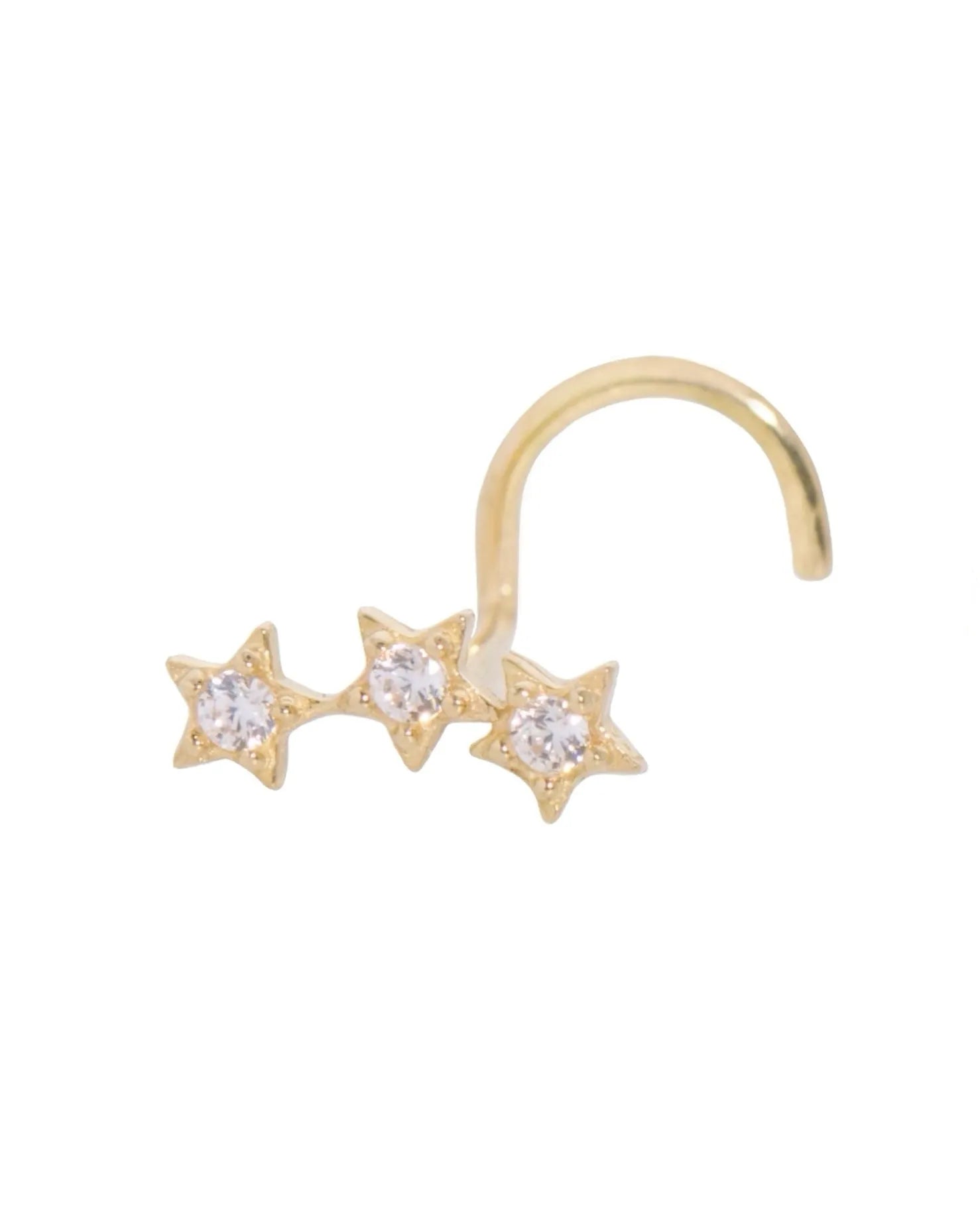 18 Carat Gold - Nose Stud Corkscrew Piercing 3 Crystal Stars