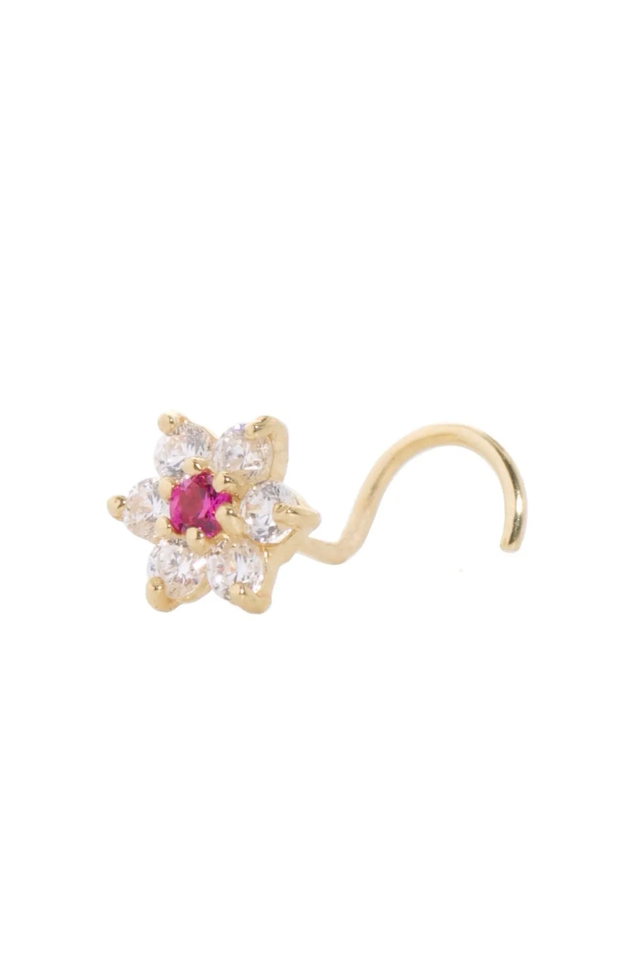 18 Carat Gold - Nose Stud Corkscrew Piercing Sparkly Flower