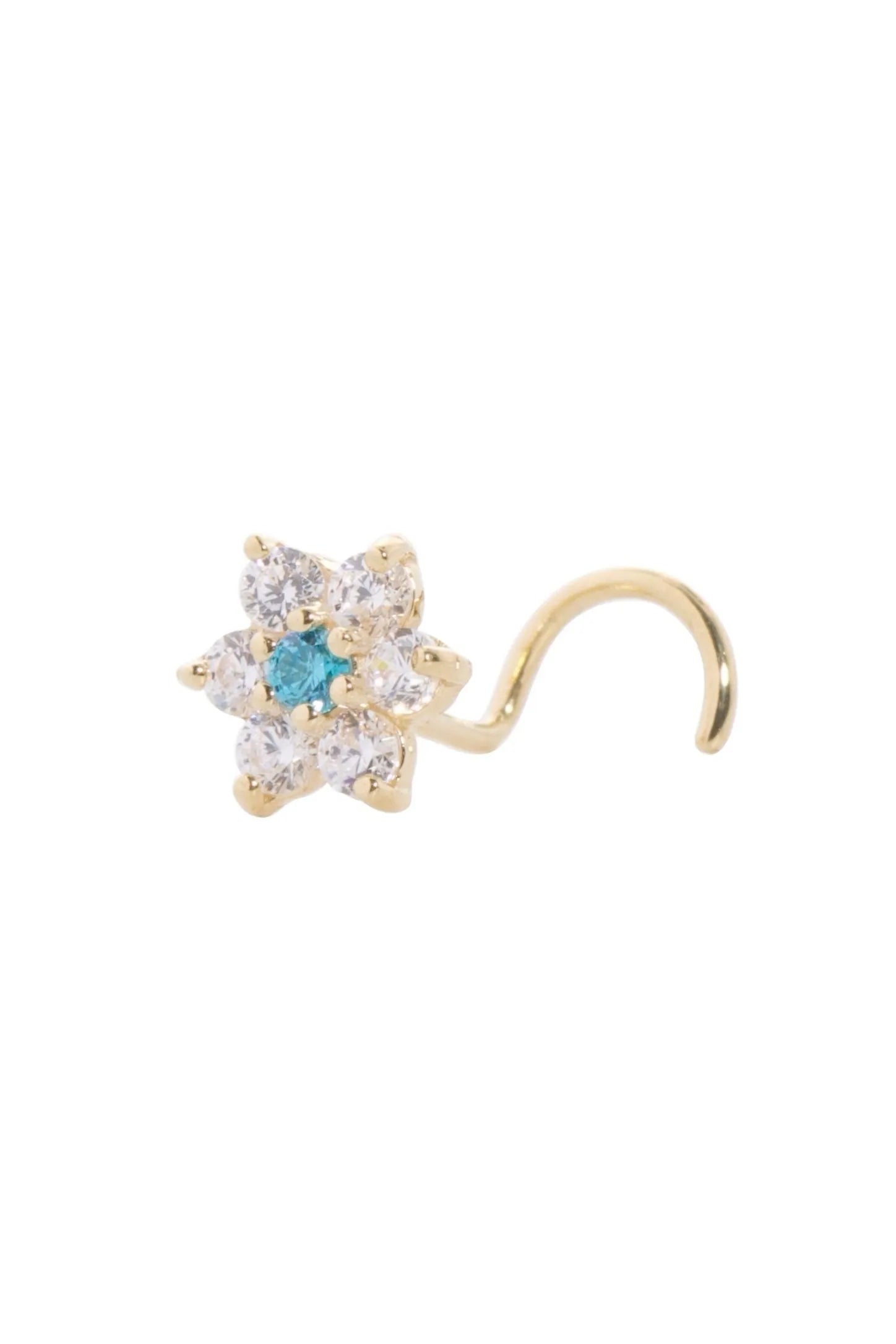 18 Carat Gold - Nose Stud Corkscrew Piercing Sparkly Flower