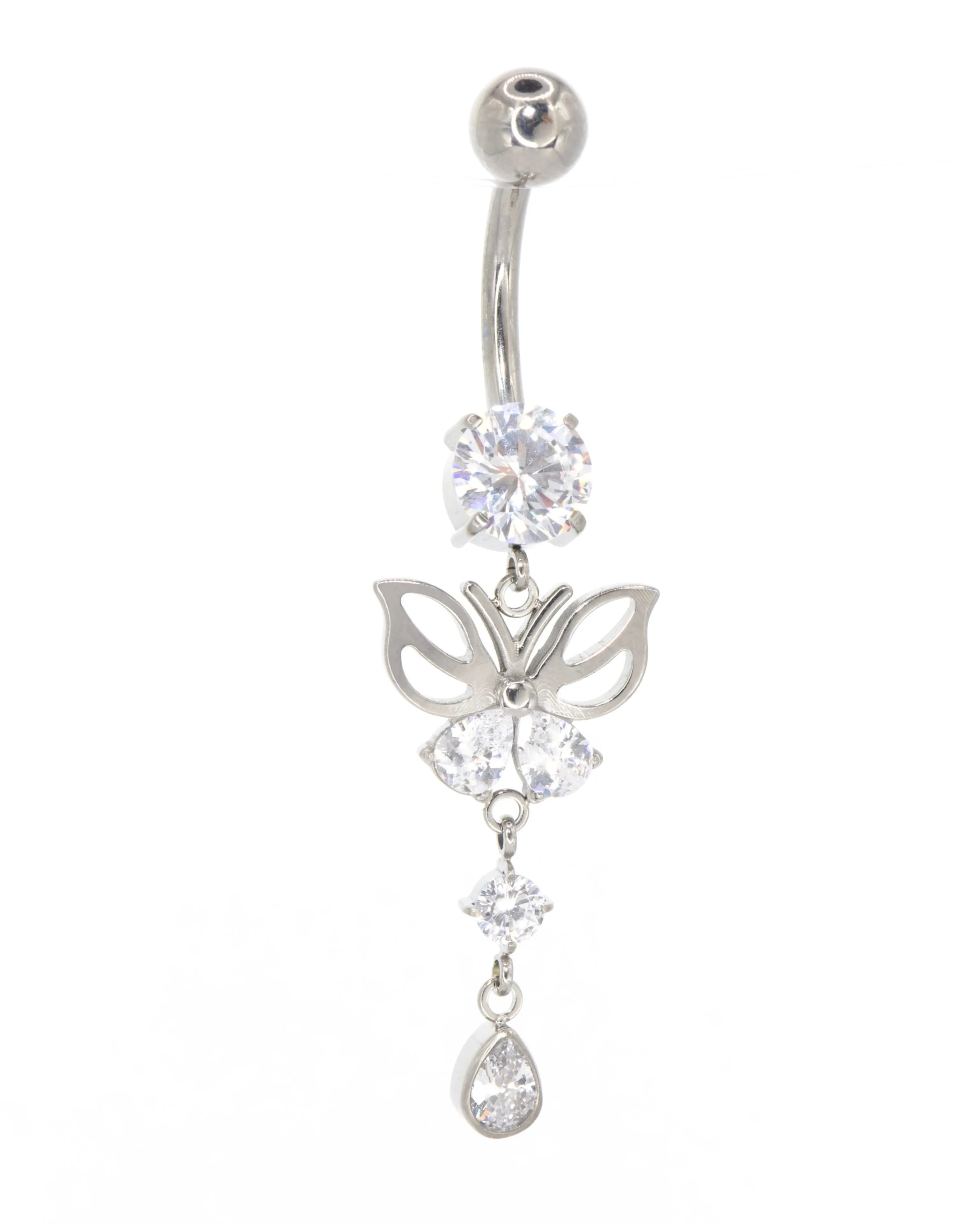 Titanium - Belly Button Piercing Dangling Butterfly + Crystals