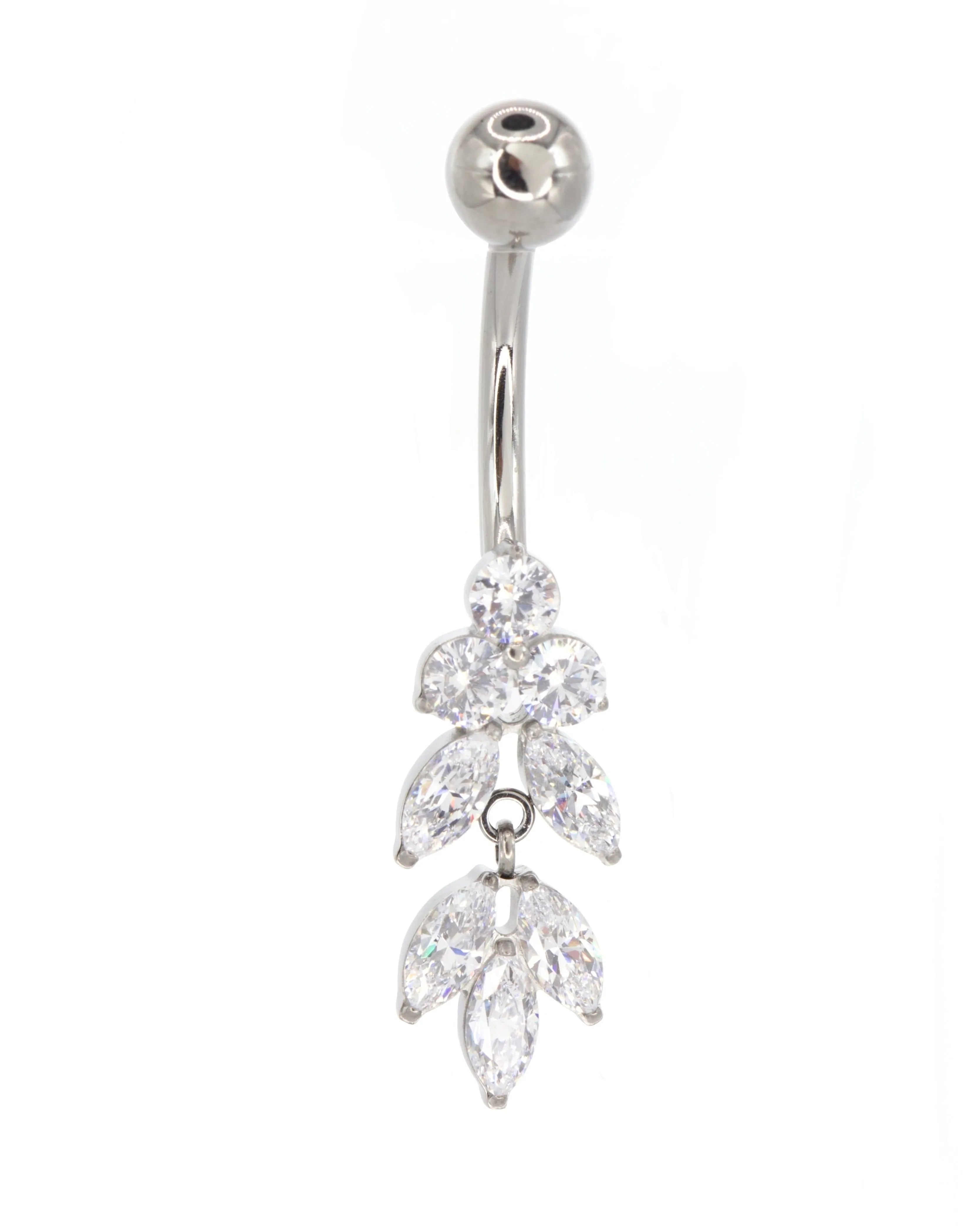 Titanium - Belly Button Piercing Dangling Crystal Leaves