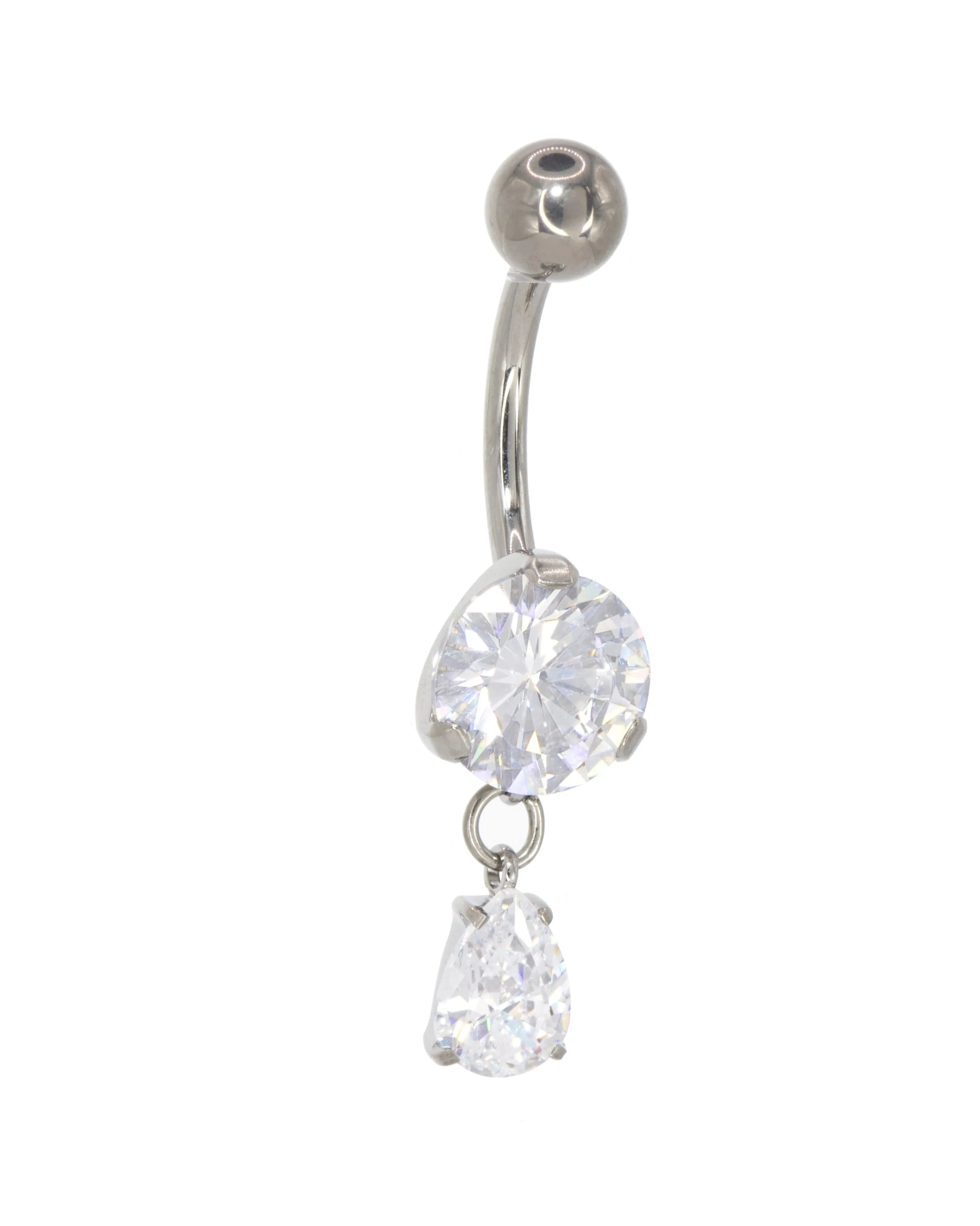 Titanium - Bellybutton Piercing 2 Multi Cut Crystals + Dangling Drop