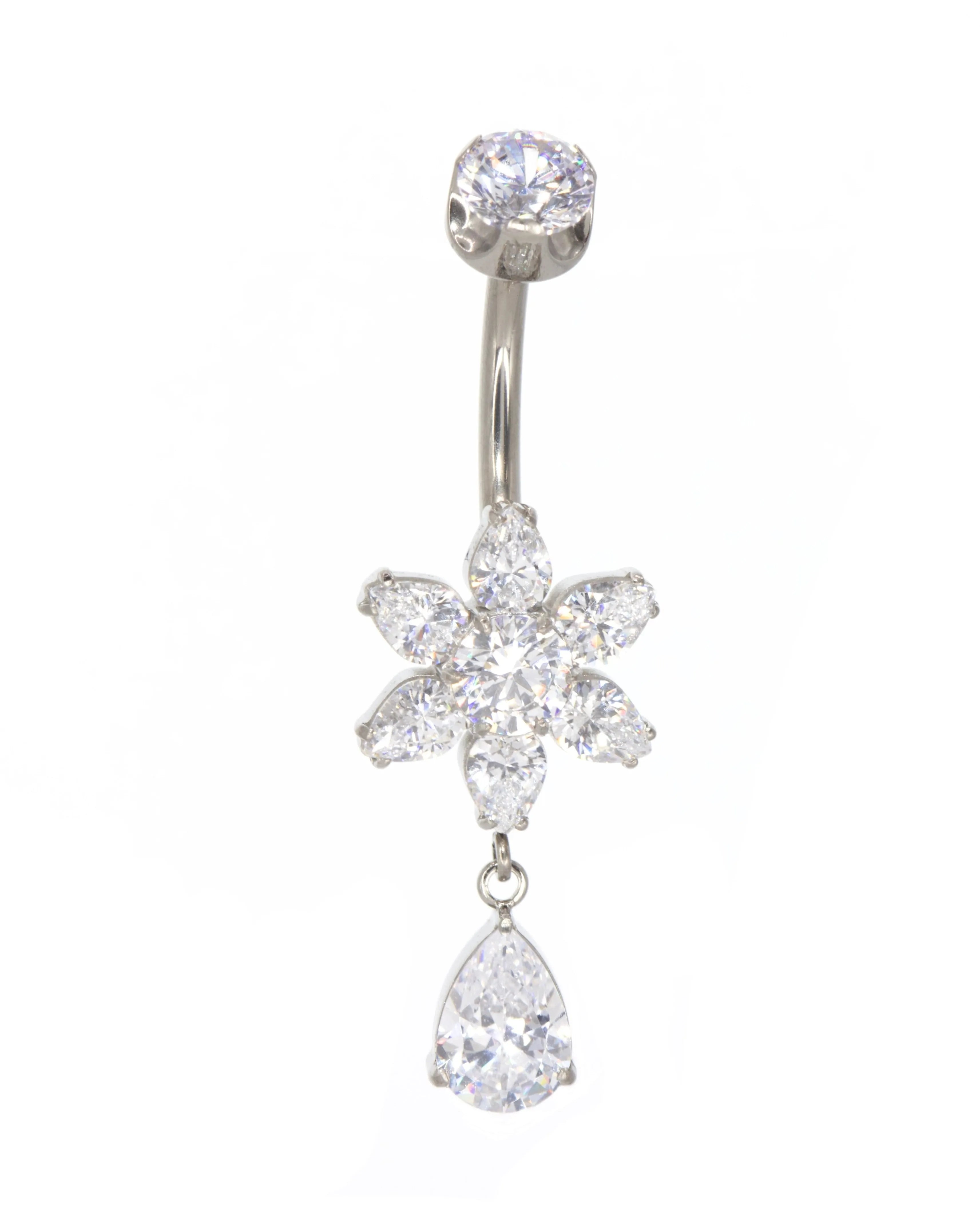 Titanium - Belly Button Piercing Sparkly Flower + Dangling Crystal