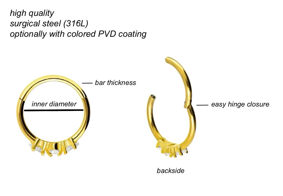 Surgical Steel 316L - Hinged Piercing Hoop 3 Pronged Crystals