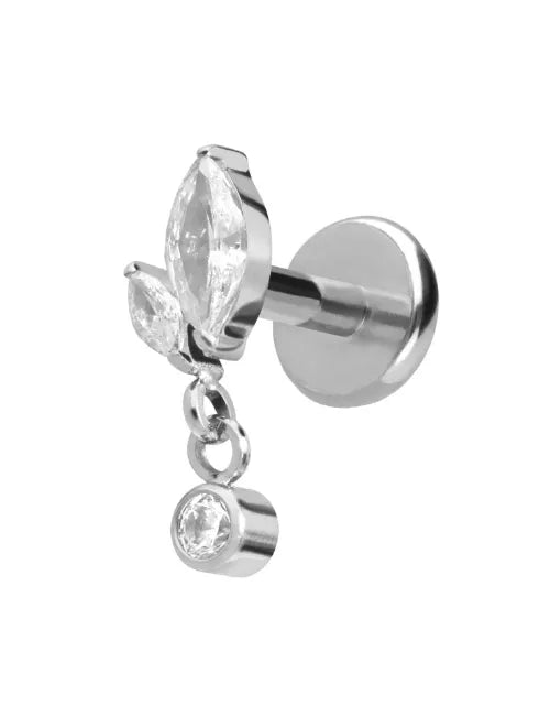 Titanium - Push Pin Flat Back Piercing Flower Bud + Dangling Crystal