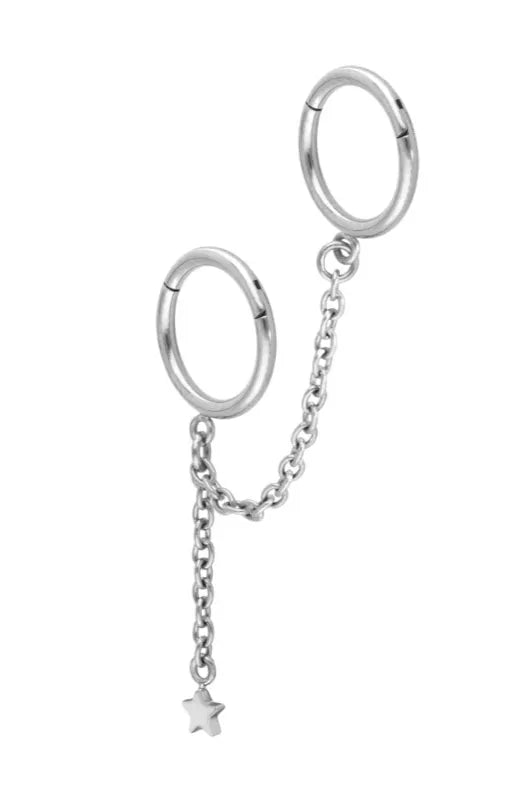 Surgical Steel 316L - 2 Hinged Piercing Hoops Connecting Chain + Dangling Star