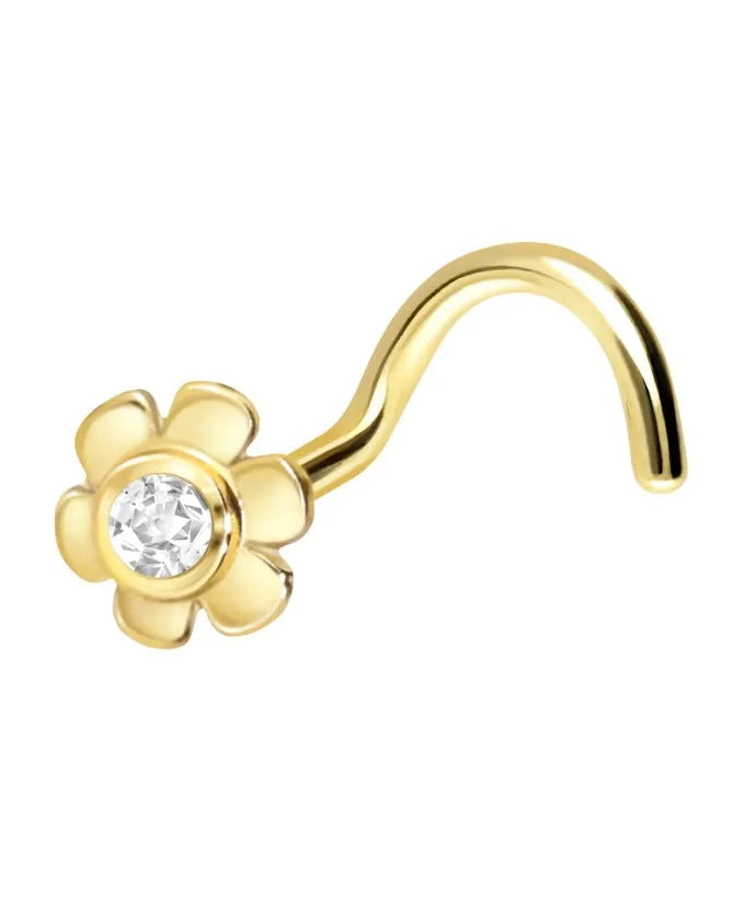 18 Carat Gold - Nose Stud Corkscrew Piercing Dainty Flower + Crystal 