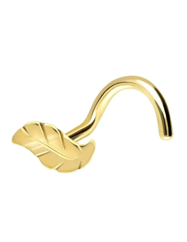 18 Carat Gold - Nose Stud Corkscrew Piercing Dainty Leaf