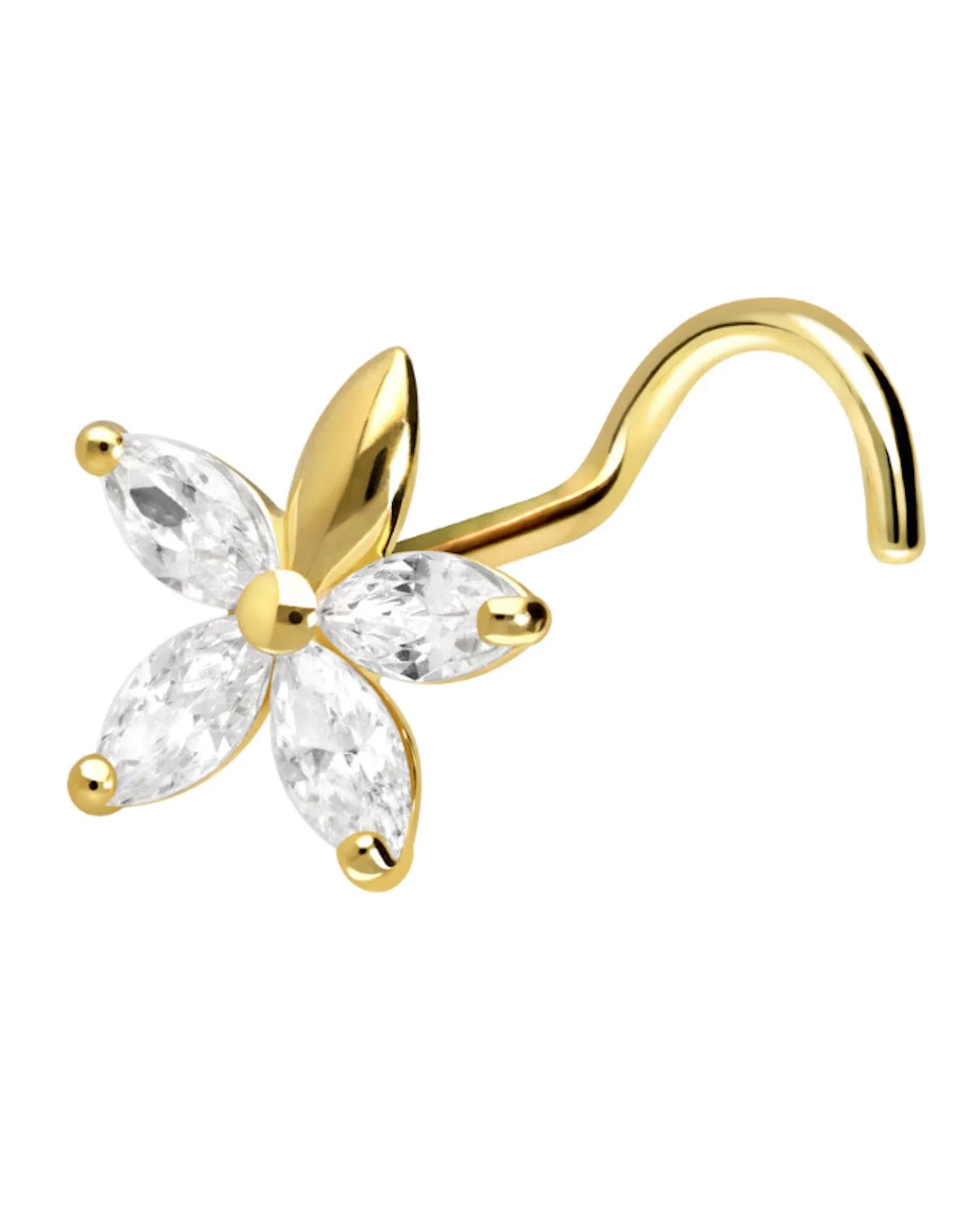 18 Carat Gold - Nose Stud Corkscrew Piercing Crystal Flower Dainty Petals