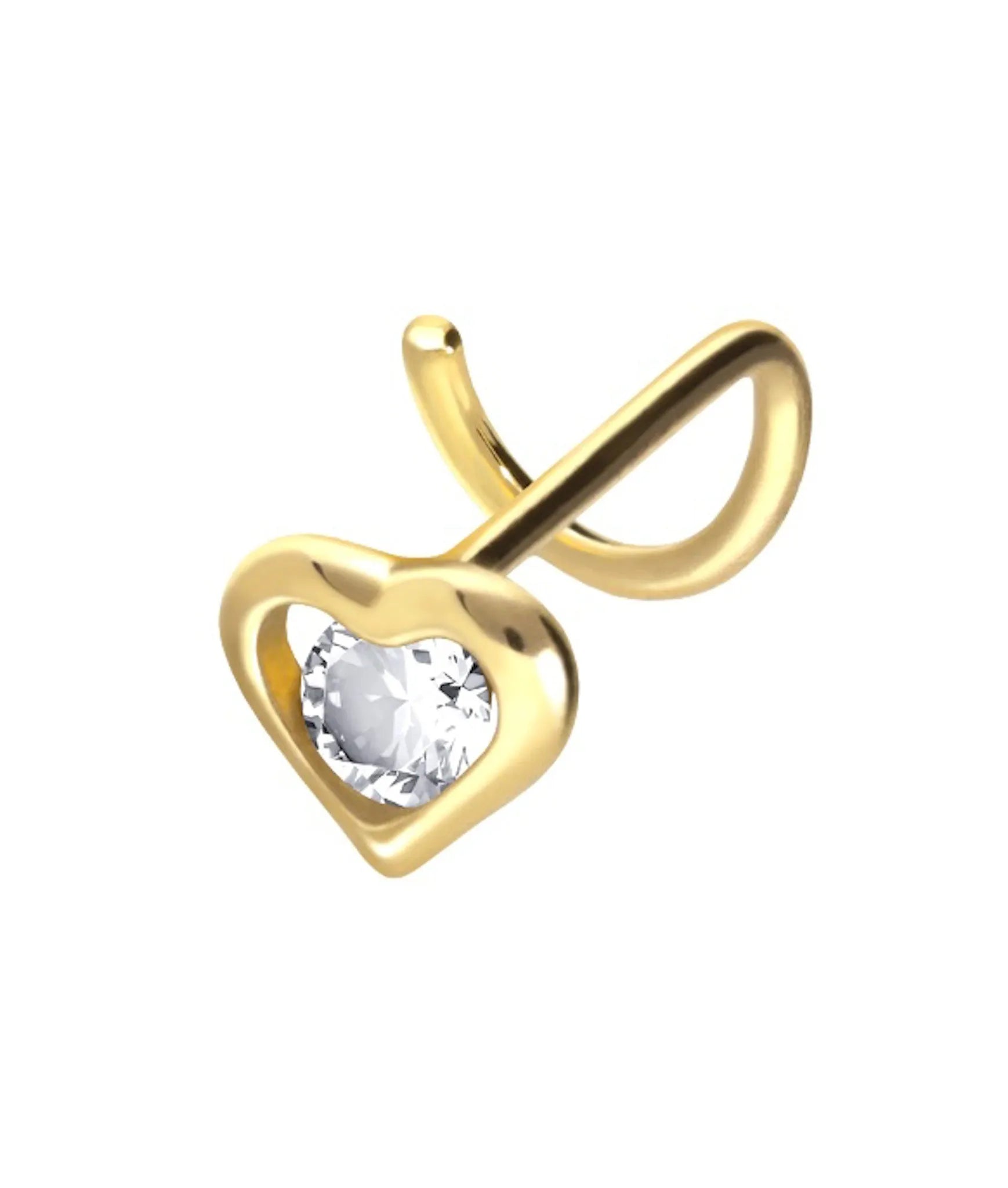 18 Carat Gold - Nose Stud Corkscrew Piercing Elegant Crystal Heart