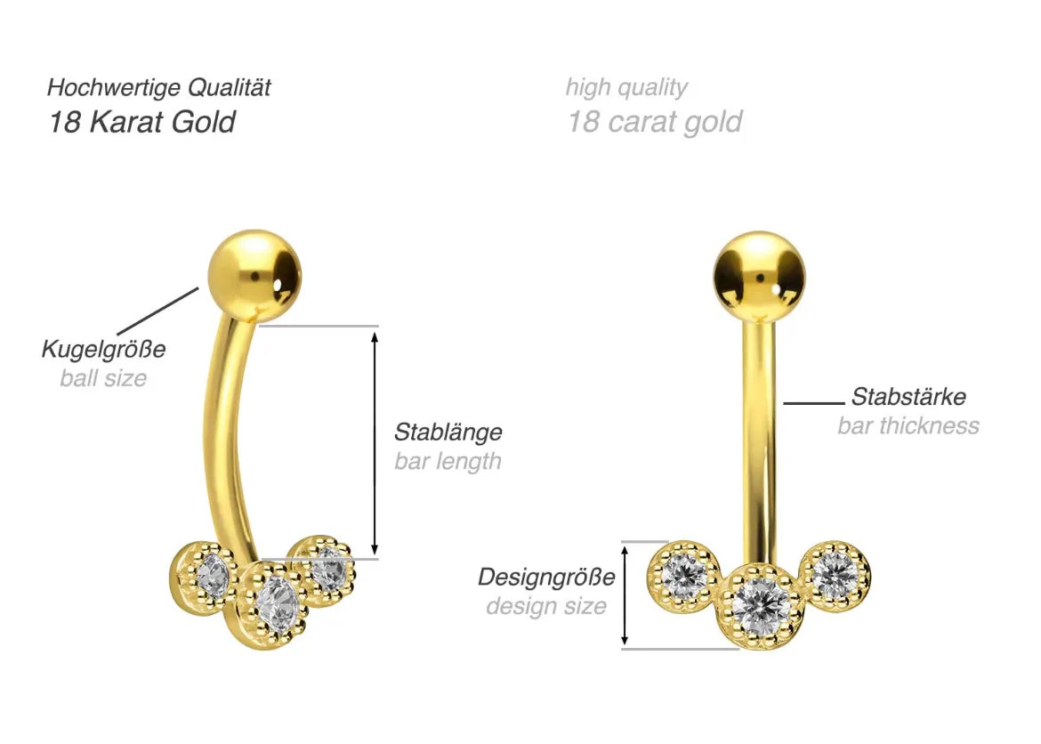 18 Carat Gold - Belly Button Piercing 3 Crystal Arch