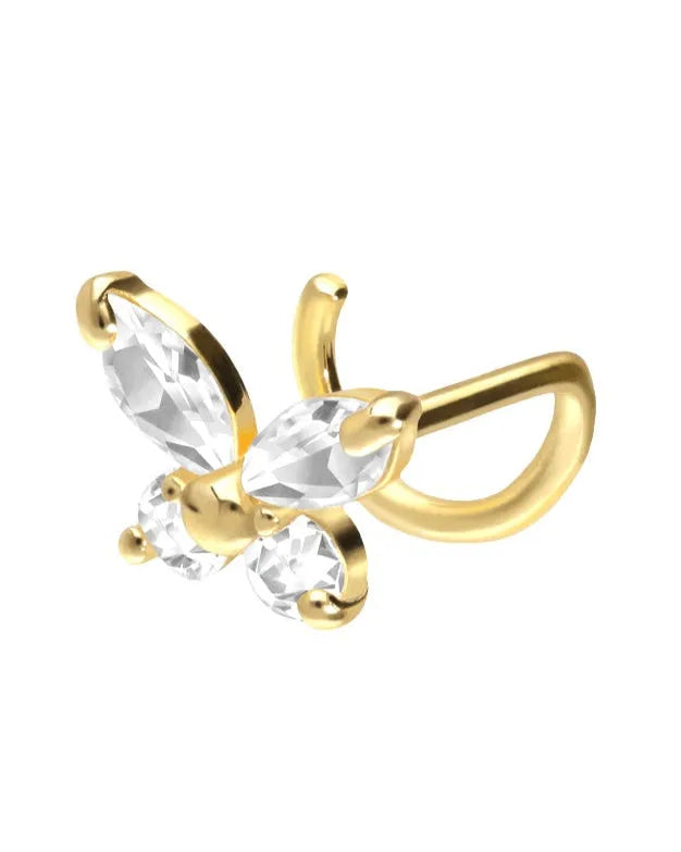 18 Carat Gold - Nose Stud Corkscrew Piercing Sparkly Butterfly