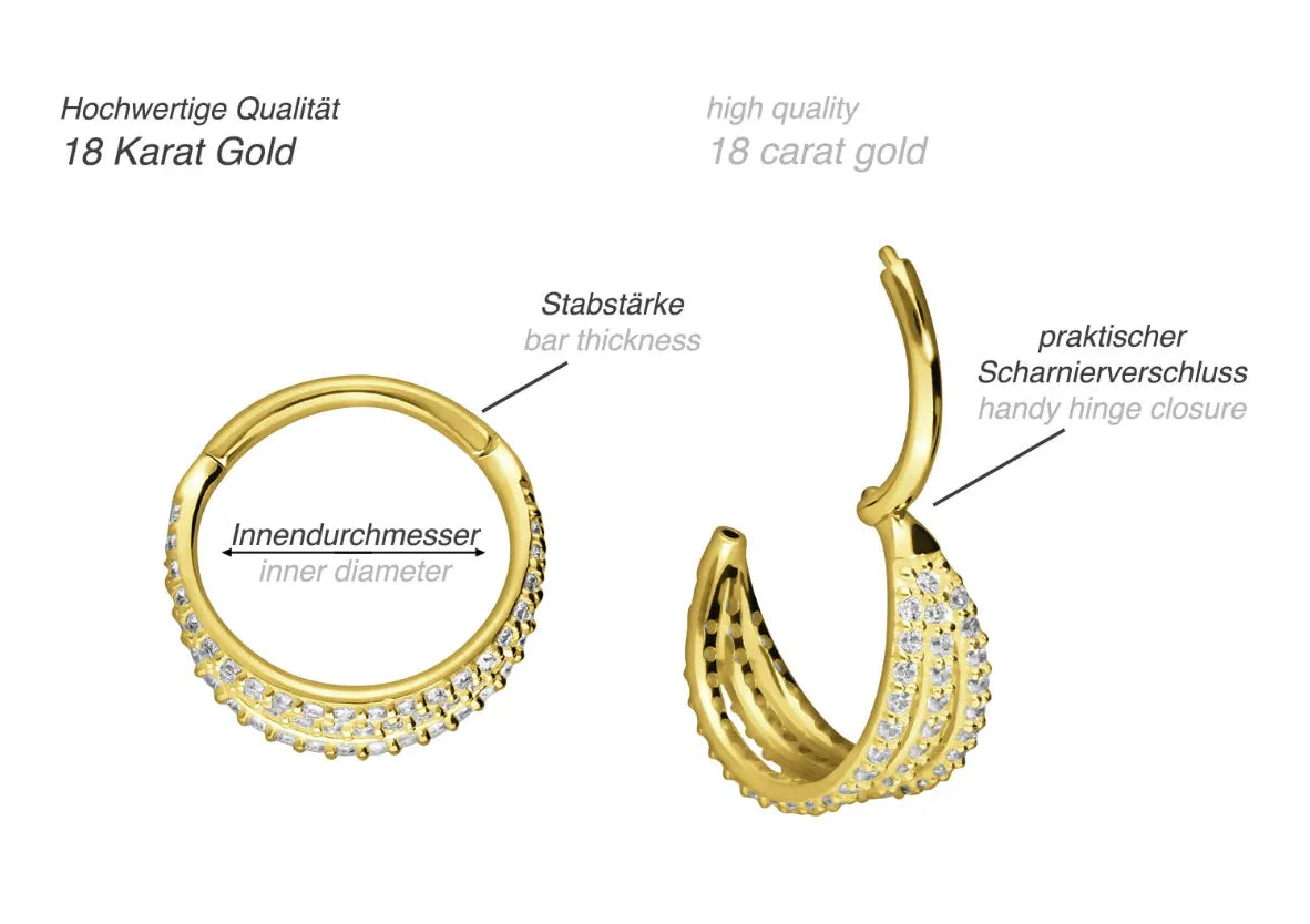 18 Carat Gold - Hinged Piercing Hoop 3 Crystal Rows