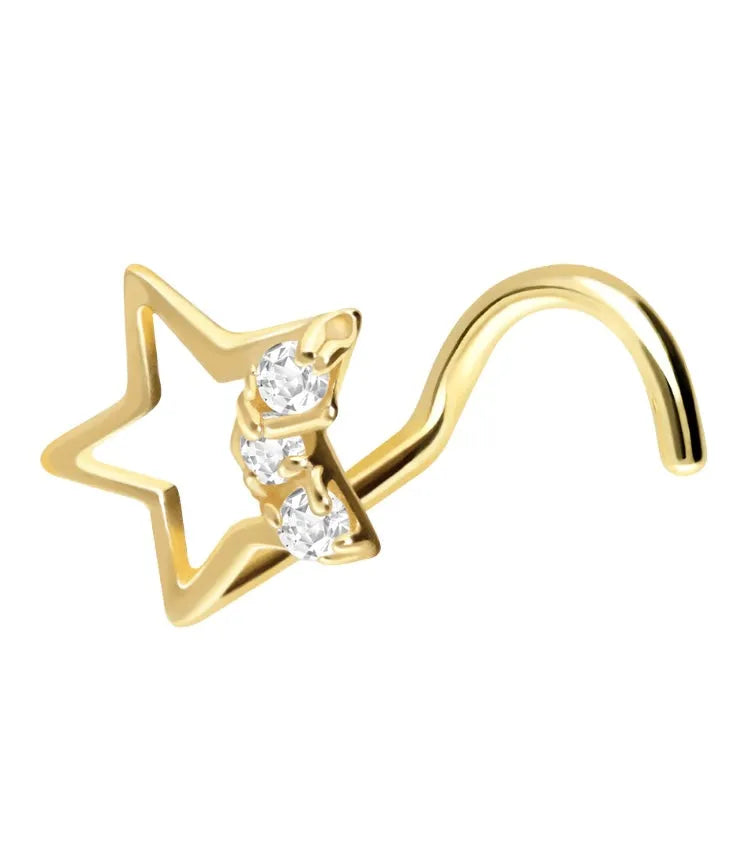 18 Carat Gold - Nose Stud Corkscrew Piercing Shiny Star