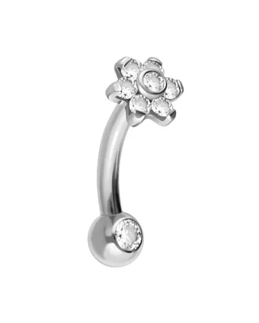 Titanium -  Push Pin Curved Piercing Crystal Flower