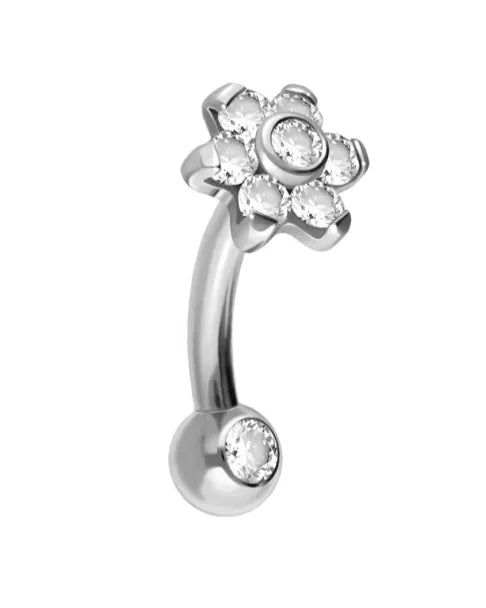 Titanium -  Push Pin Curved Piercing Crystal Flower