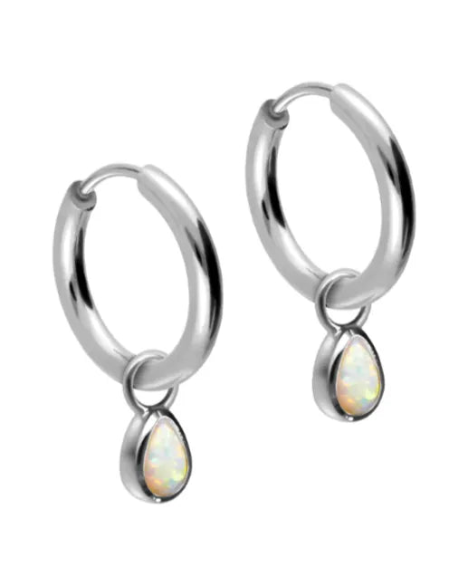 Surgical Steel 316L - Hinged Hoop Earrings Dangling Opal