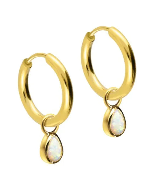 Surgical Steel 316L - Hinged Hoop Earrings Dangling Opal