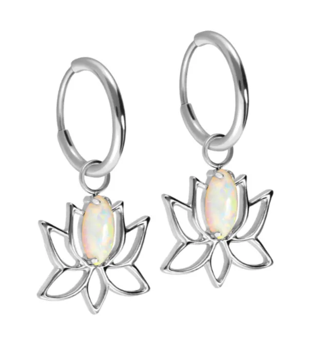 Titanium - Hinged Clicker Earrings Dangling Opal Lotus