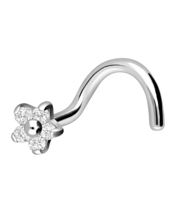 Surgical Steel 316L - Nose Stud Corkscrew Piercing Dainty Crystal Flower