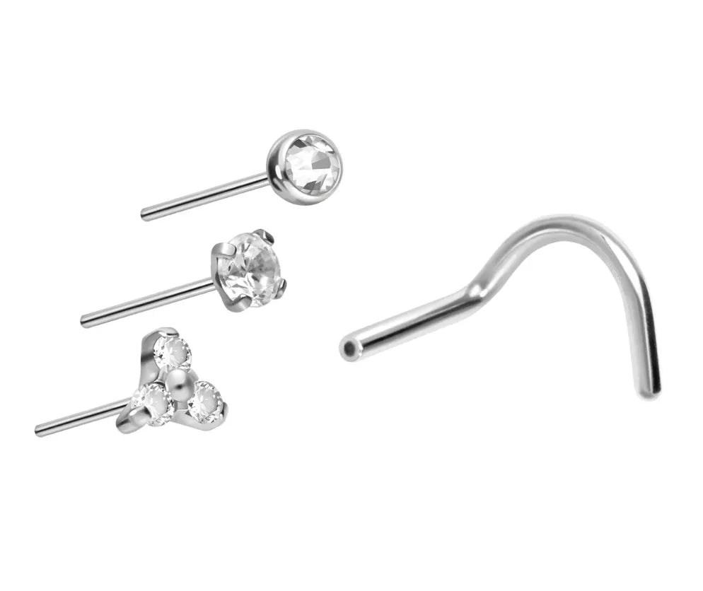 Titanium - Corkscrew Nose Stud Piercing 3 Push Pin Designs Crystal Assortment