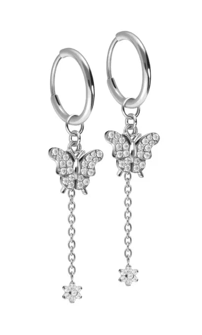 Titanium - Hinged Hoop Earrings Dangling Butterfly + Flower