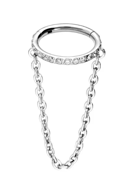 Titanium - Hinged Piercing Hoop Crystal Ring + Dangling Chain