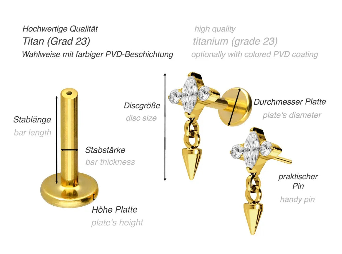 Titanium - Push Pin Flat Back Piercing Unique Design + Dangling Spike