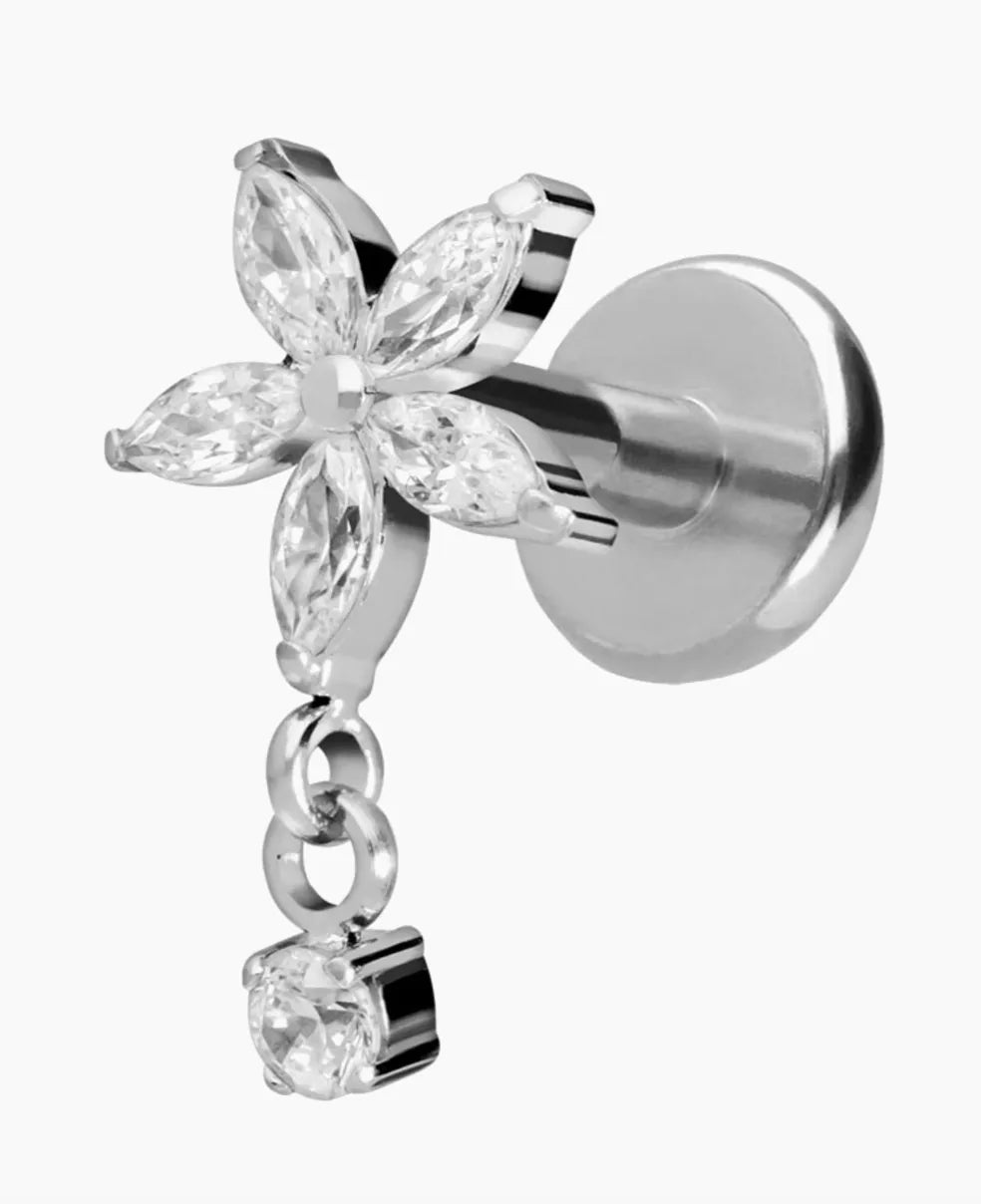 Titanium - Push Pin Flat Back Piercing Crystal Flower + Dangling Gem