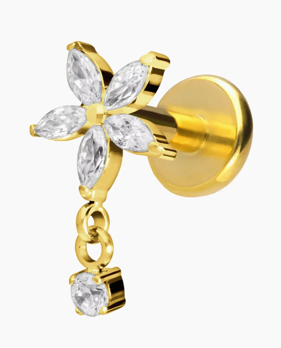 Titanium - Push Pin Flat Back Piercing Crystal Flower + Dangling Gem