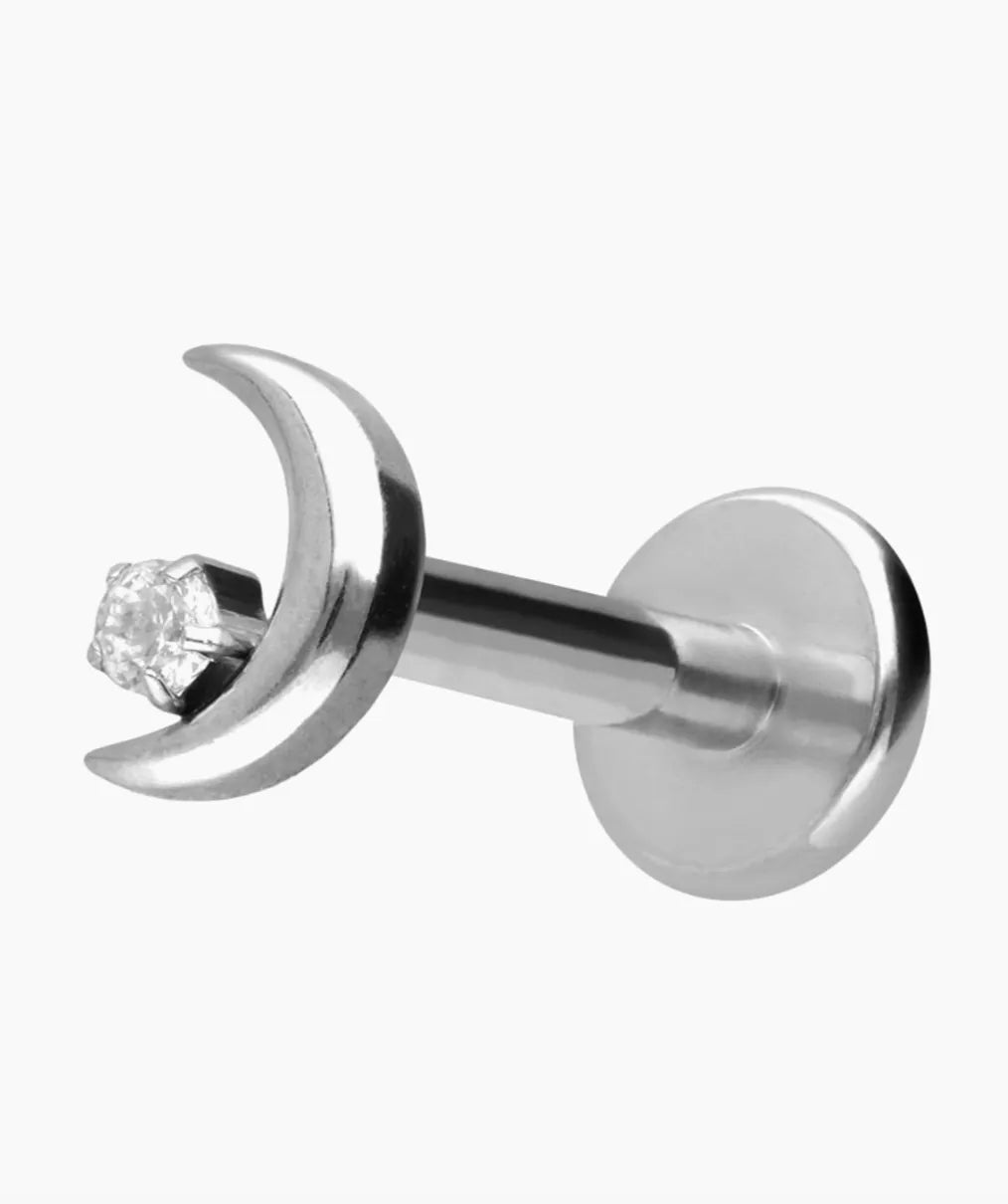 Titanium - Push Pin Flat Back Piercing Moon + Crystal