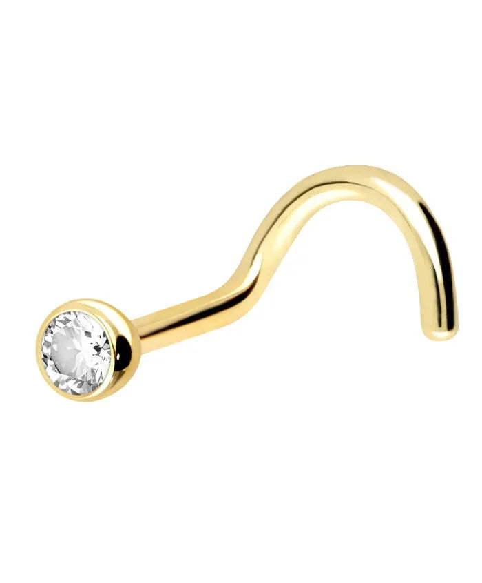 18 Carat Gold - Nose Stud Corkscrew Piercing Bezelled Authentic Diamond