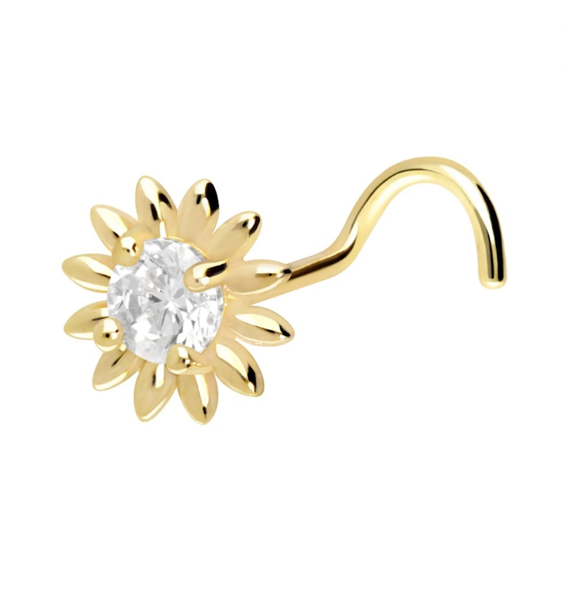 18 Carat Gold - Nose Stud Corkscrew Piercing Sparkly Sun