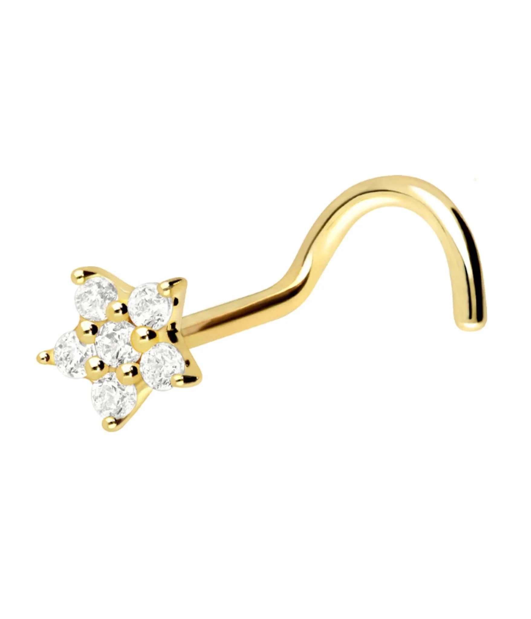 18 Karat Gold - Corkscrew Nose Stud Dainty Crystal Flower