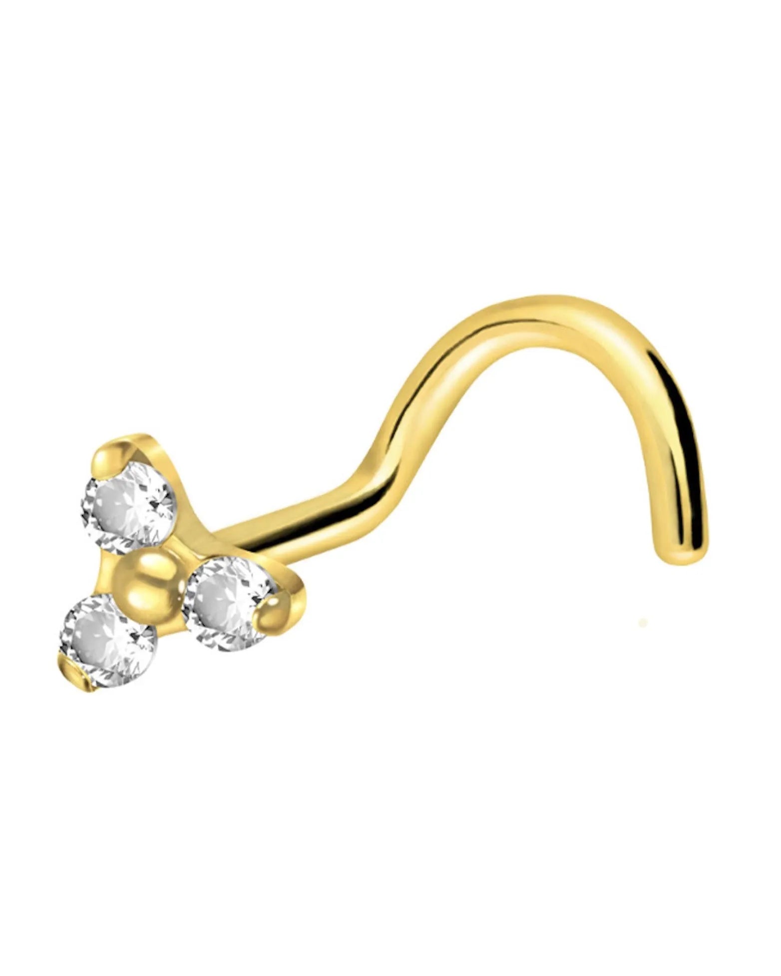 18 Carat Gold - Nose Stud Corkscrew Piercing Trinity Crystal Flower