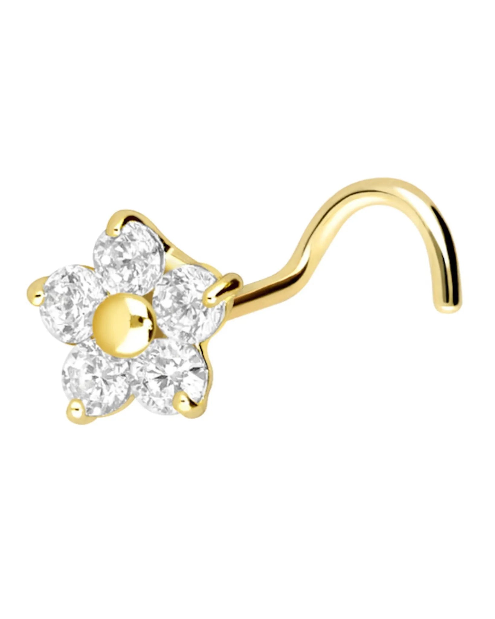 18 Carat Gold - Nose Stud Corkscrew Piercing Dainty Crystal Flower