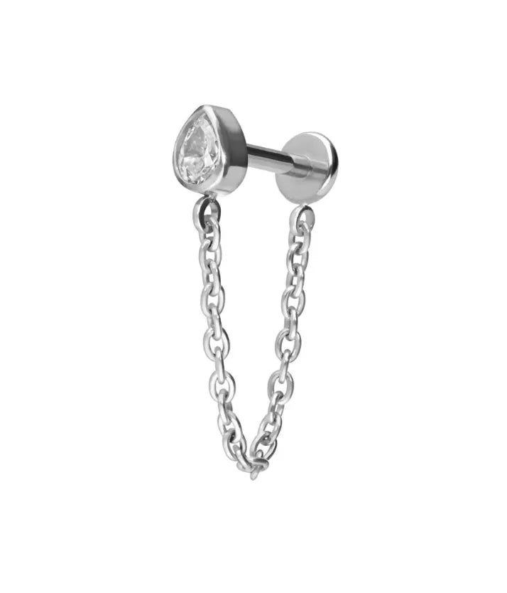 Titanium - Push Pin Flat Back Piercing Connecting Chain + Crystal Drop