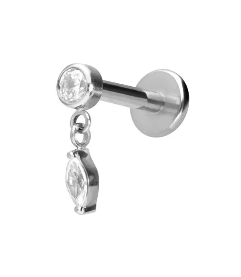 Titanium - Push Pin Flat Back Piercing Crystal + Dangling Crystal Drop