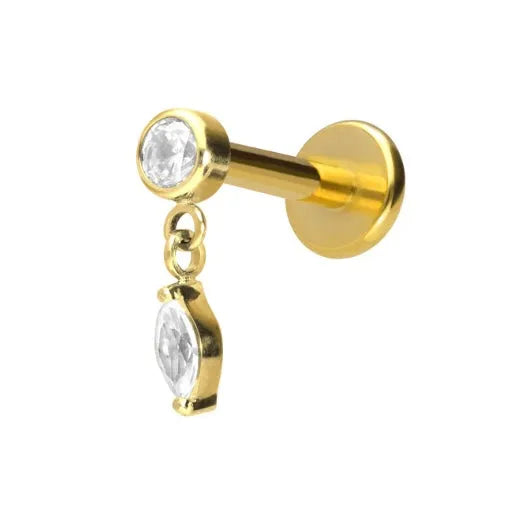 Titanium - Push Pin Flat Back Piercing Crystal + Dangling Crystal Drop