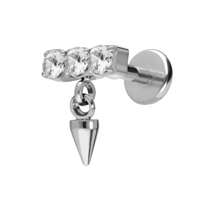 Titanium - Push Pin Flat Back Piercing Crystal Bar + Dangling Spike