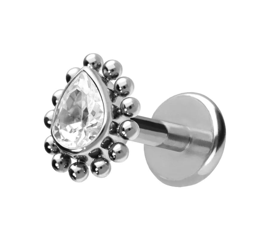 Titanium - Push Pin Flat Back Piercing Crystal Drop + Halo