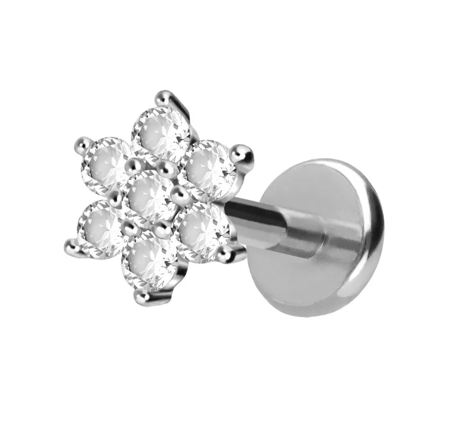 Titanium - Push Pin Flat Back Piercing Crystal Flower