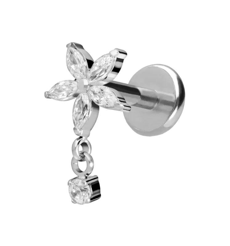 Titanium - Push Pin Flat Back Piercing Crystal Flower + Dangling Gem