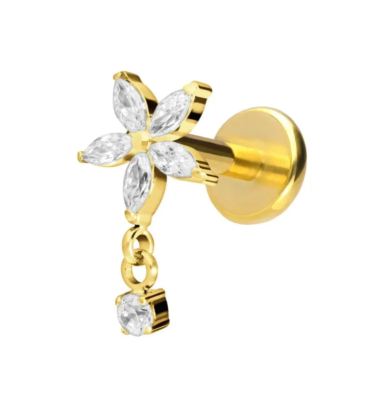 Titanium - Push Pin Flat Back Piercing Crystal Flower + Dangling Gem