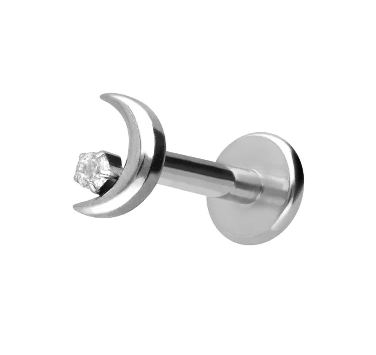 Titanium - Push Pin Flat Back Piercing Moon + Crystal