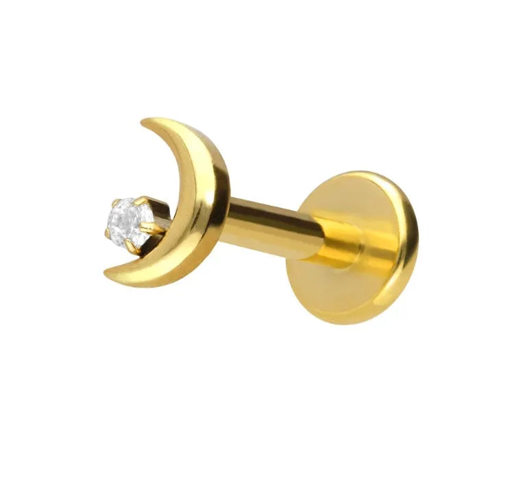 Titanium - Push Pin Flat Back Piercing Moon + Crystal