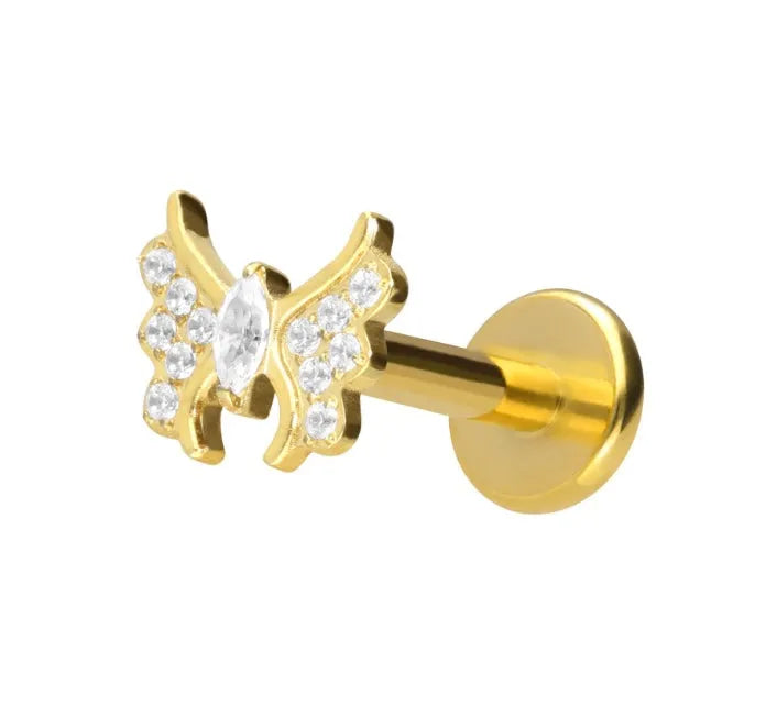 Titanium - Push Pin Flat Back Piercing Sparkly Butterfly