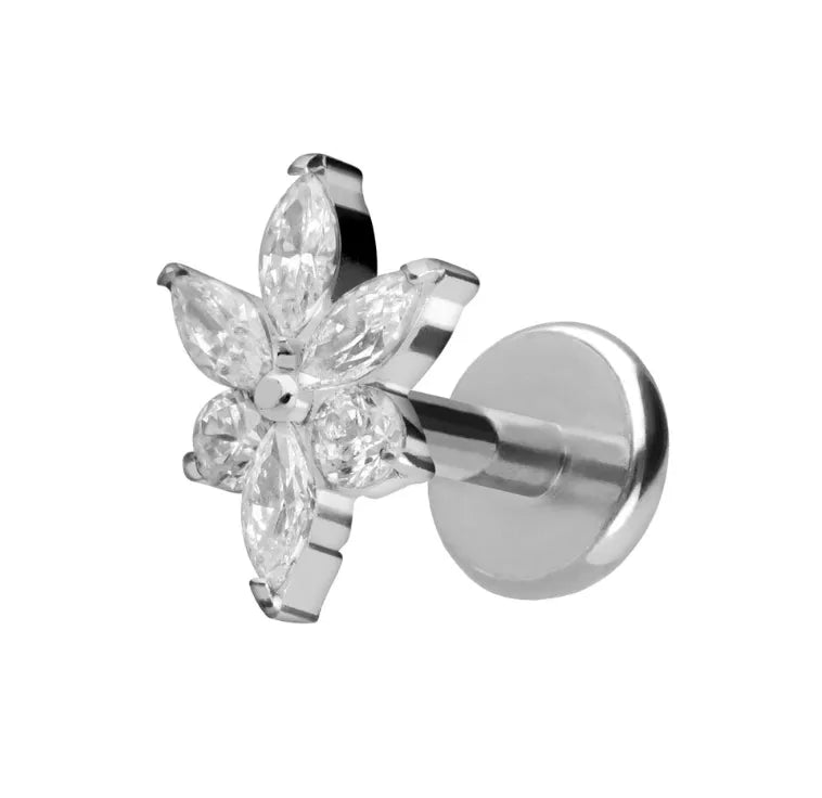 Titanium - Push Pin Flat Back Piercing Unique Crystal Flower