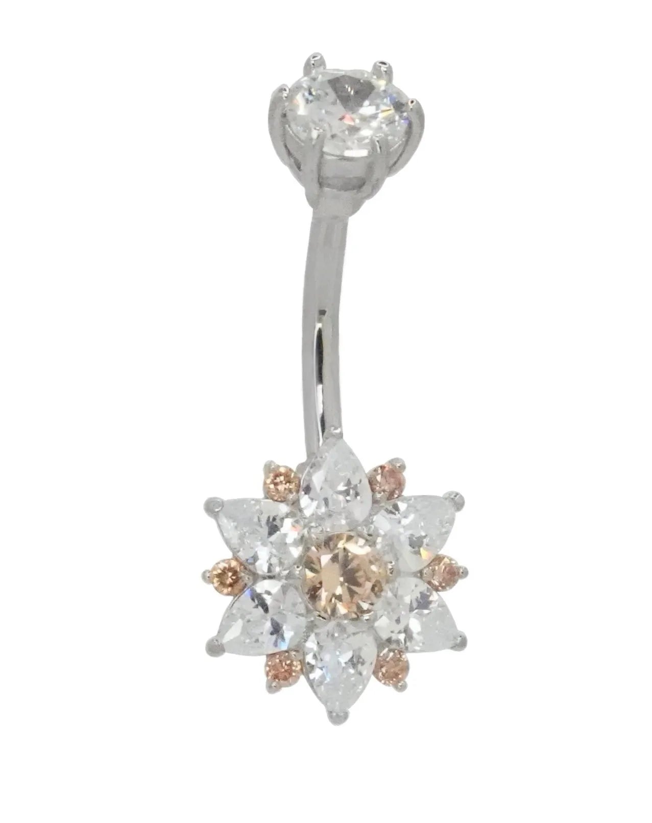 Surgical Steel 316L - Belly Button Piercing Crystal Flower + Princess Cut Crystal