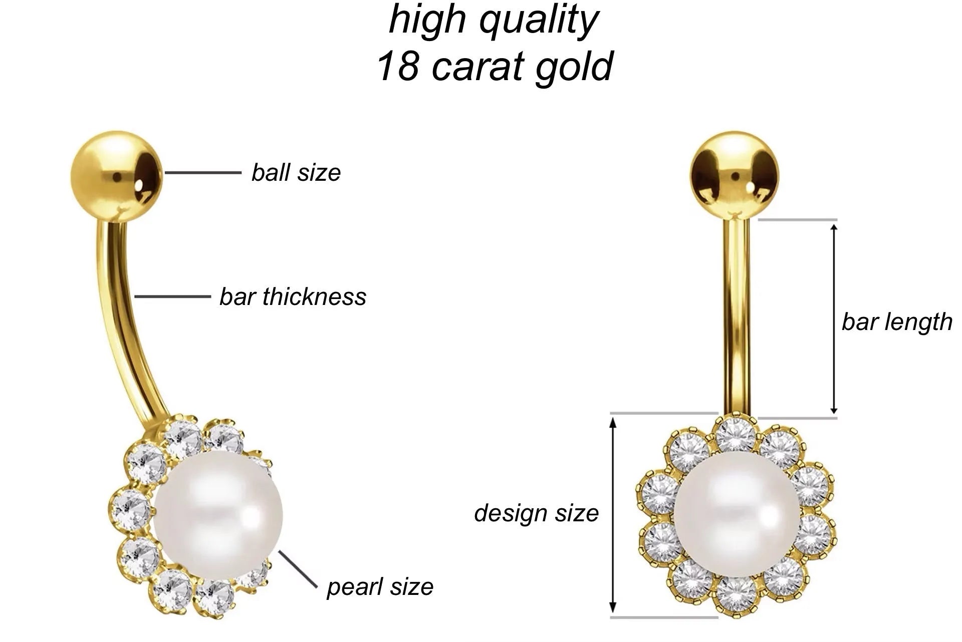 18 Carat Gold - Belly Button Piercing Authentic Freshwater Pearl + Crystals